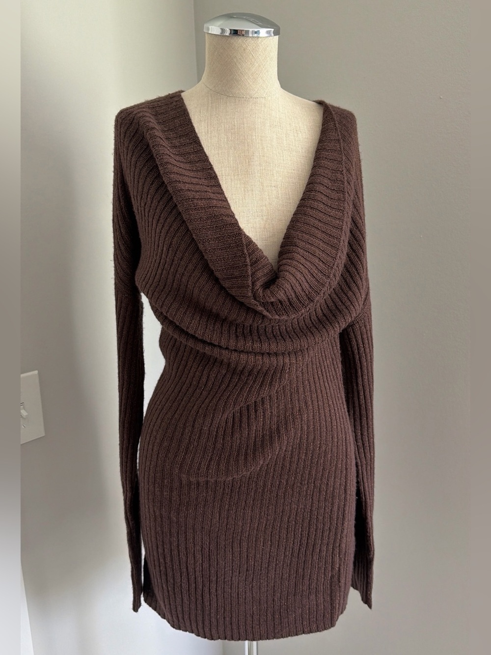 2000s Theory Cashmere Brown Ribbed Knit Cowl Neck Long Sleeve Sweater Dress S
